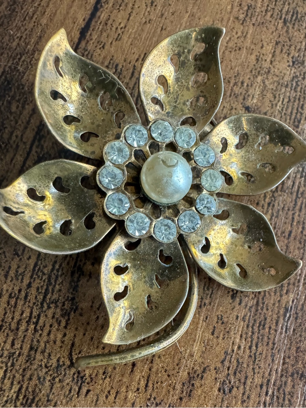 Coro Bronze-tone Floral Brooch with Clear Rhinestones and Faux Pearl